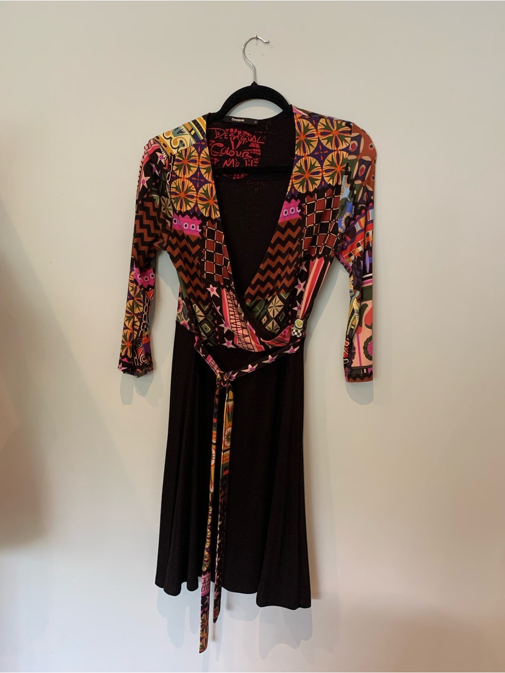 Desigual Black Wrap Dress with Multicolor Geometric Bodice